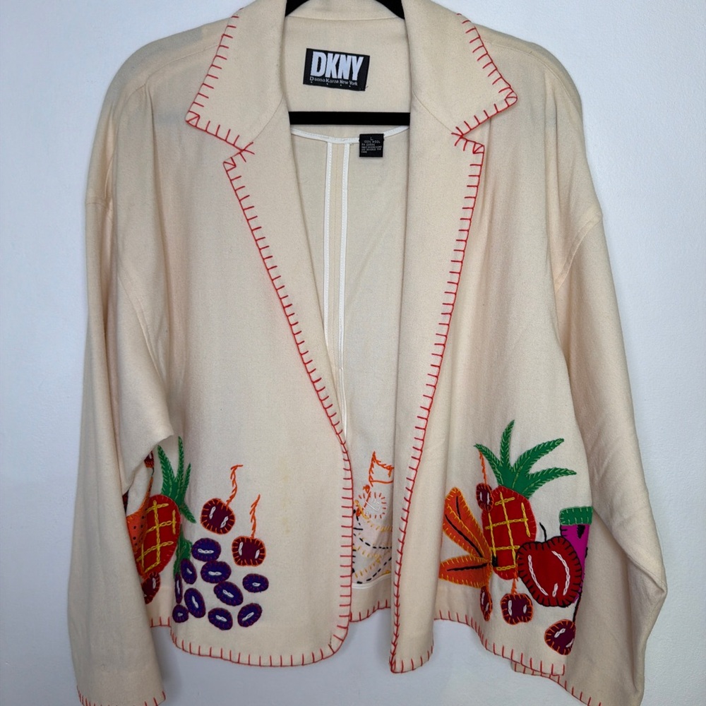 Vintage DKNY Womens Runway Collection Wool White Fruit Blazer Jacket